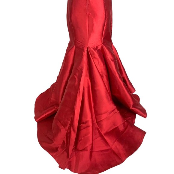 Elegant Beaded Red Satin Mermaid Larissa Gown Spaghetti Straps Flared Hem Size 6 - Picture 8 of 15